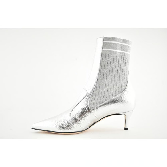 Fendi Rockoko Silver Scuba Stretch FF Logo Knit Sock Ankle Kitten Heel Bootie 36 - Picture 9 of 12